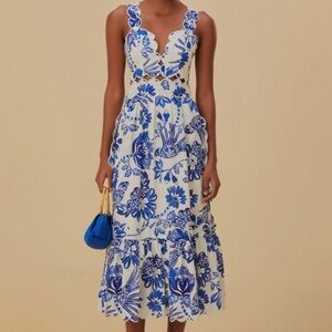 FARM Rio || Flowerful Birds V-neck midi dress in off white